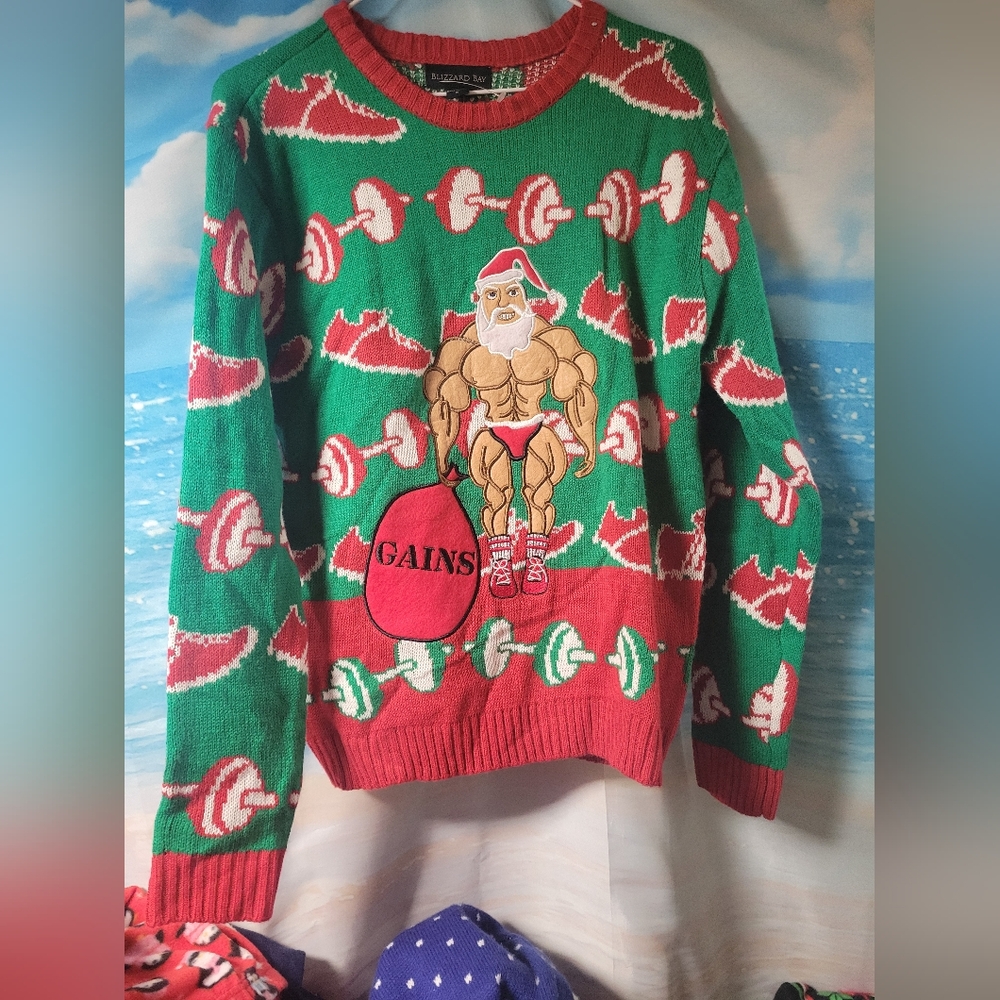 Blizzard Bay NWOT‎ Mens Ugly Christmas Sweater Santa Gains